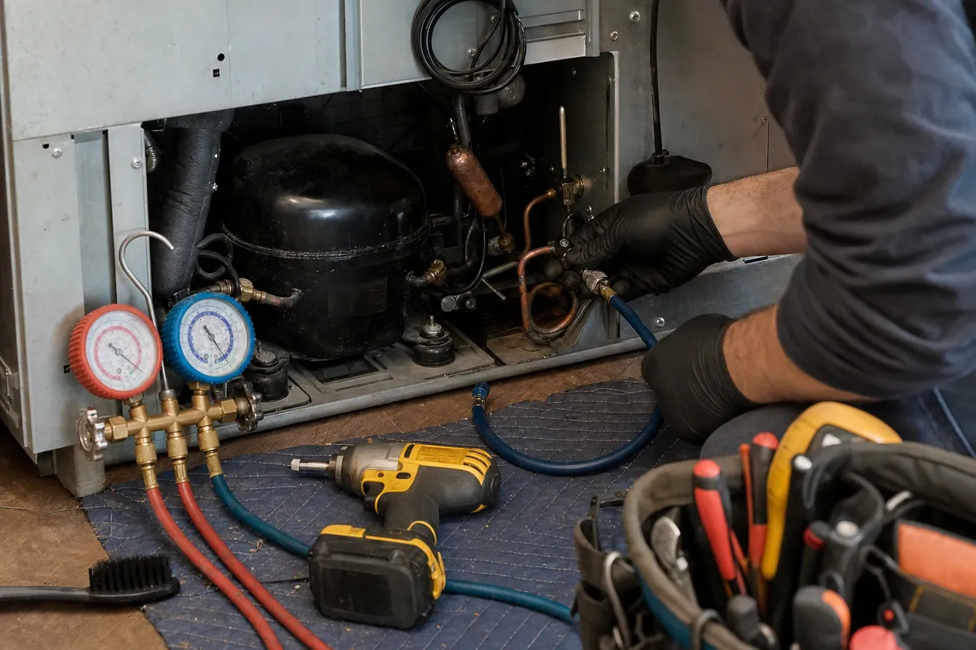 Gloved hand connecting a charging hose to the service valve on a compressor, manifold gauges and tool bag on the floor